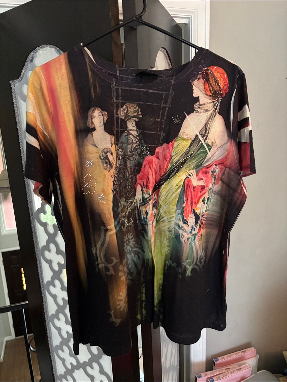 Lane Bryant Black Multicolor Art Nouveau Short Sleeve Top
